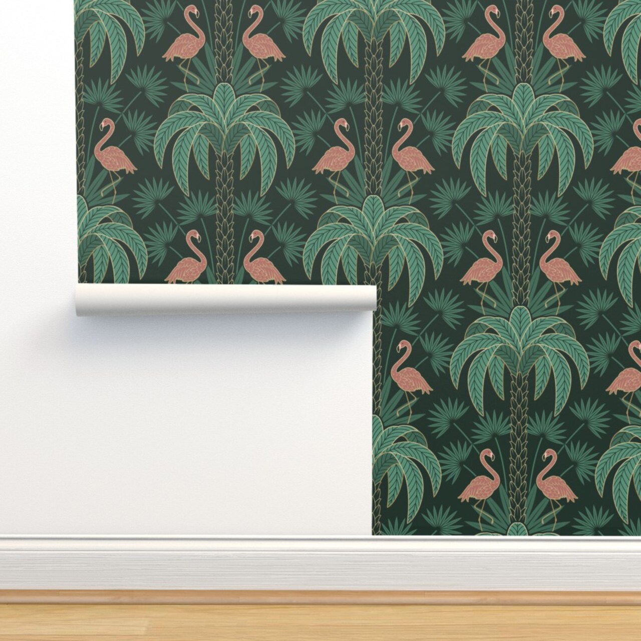 Tropical Art Deco Flamingo Tropical Moody Flora Miami Plants Damask 1920S Elegant Maximalism Custom Removable Wallpaper by Spoonflower Peel & Stick Wallpaper 2FT Wide